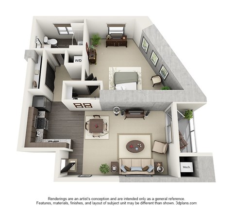 Floor plan for 1 bed, 1 bath, 1091 sqft